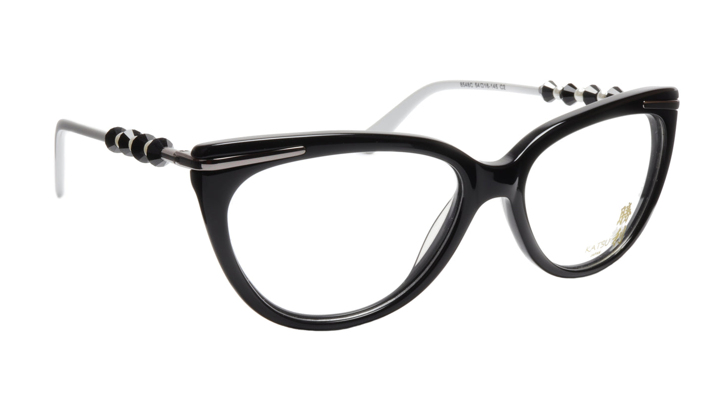 KATSU 8548C C2 Eyeglasses Frame Black White Acetate 54-16-145 Japan Handmade - Frame Bay