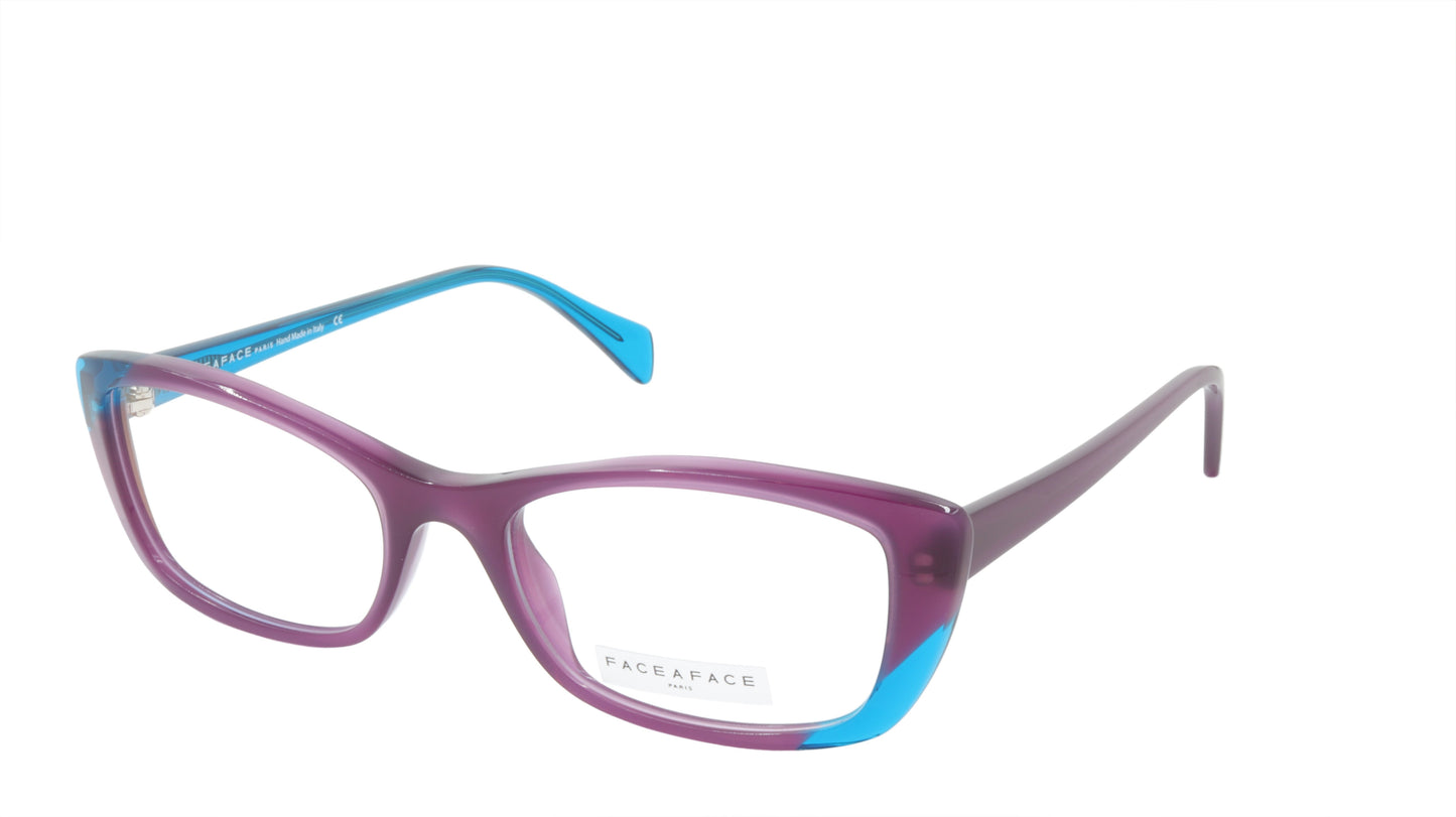 Face A Face Eyewear in Plum and Bright Blue in a Cool Cat Eye Shape