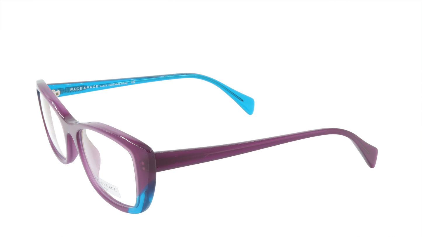 Face A Face Eyewear in Plum and Bright Blue in a Cool Cat Eye Shape