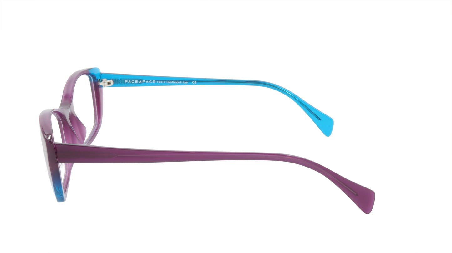 Face A Face Eyewear in Plum and Bright Blue in a Cool Cat Eye Shape