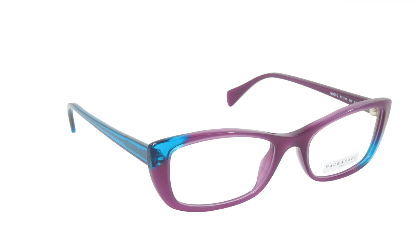 Face A Face Eyewear in Plum and Bright Blue in a Cool Cat Eye Shape