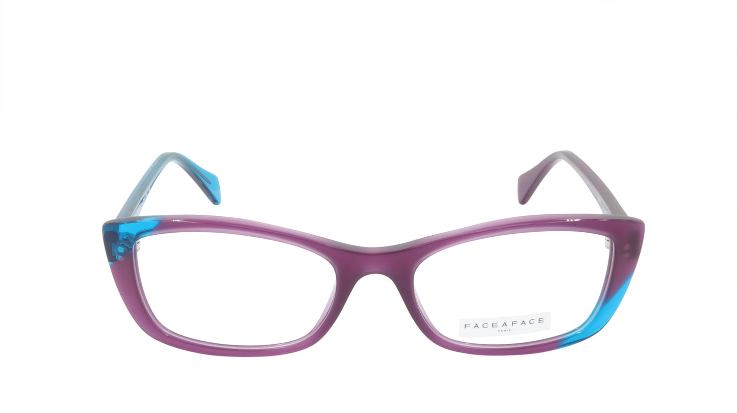Face A Face Eyewear in Plum and Bright Blue in a Cool Cat Eye Shape