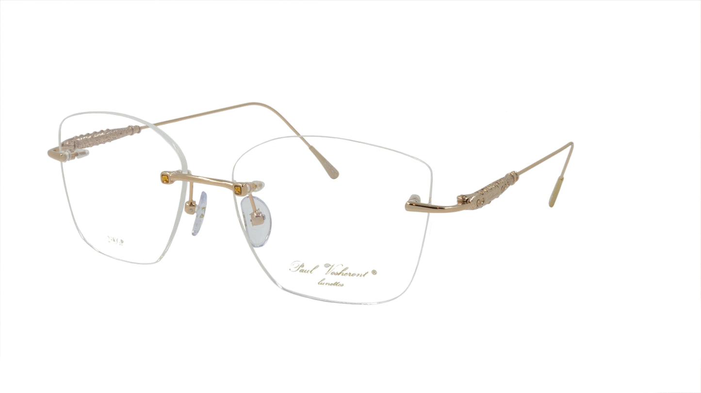 Paul Vosheront Soft Rectangle Gold Metal Optical Eyeframe with Yellow Gems