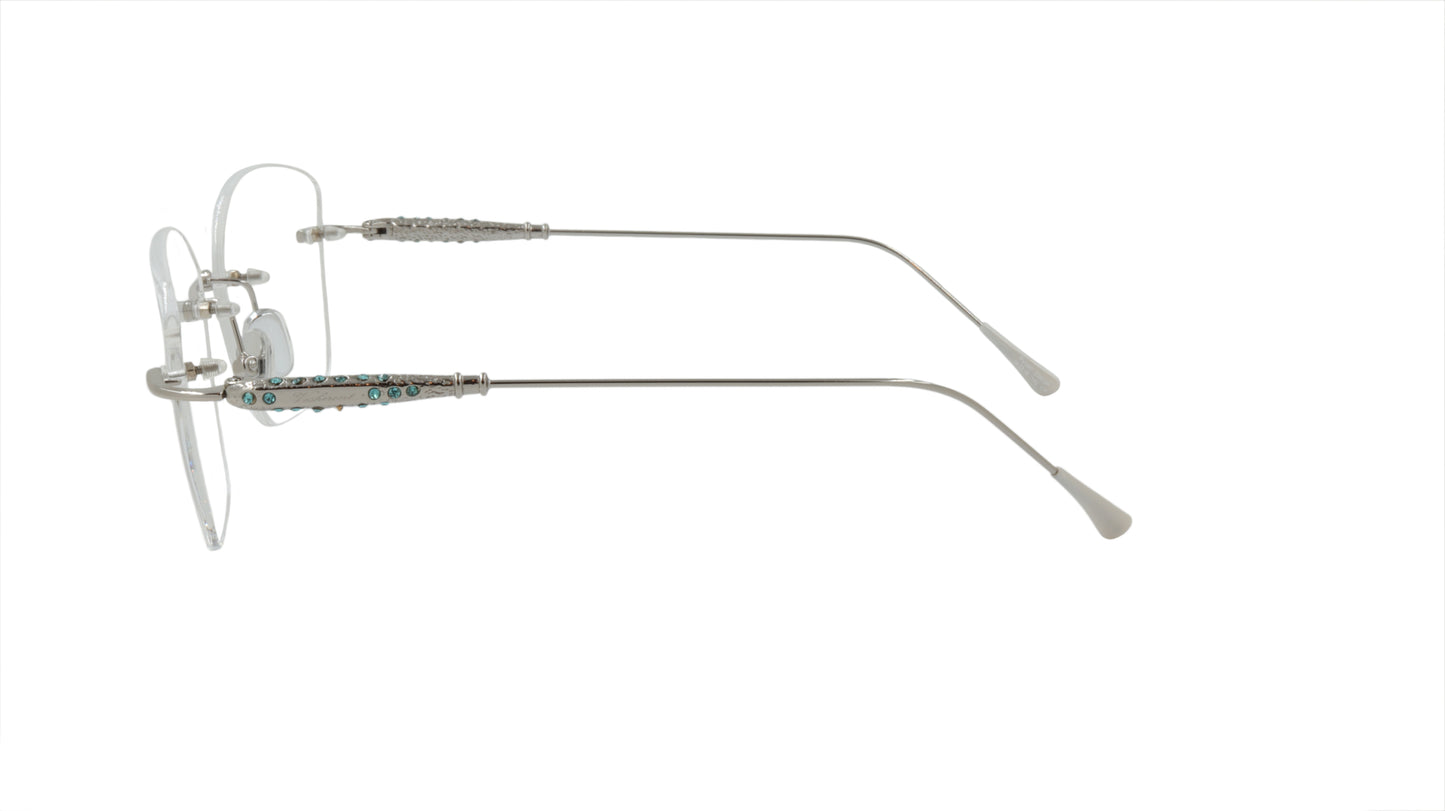 Paul Vosheront Soft Rectangle Silver Metal Optical Eyeframes with Blue Gems