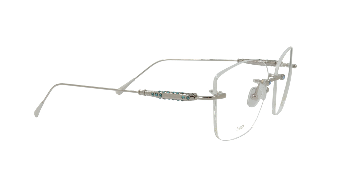 Paul Vosheront Soft Rectangle Silver Metal Optical Eyeframes with Blue Gems