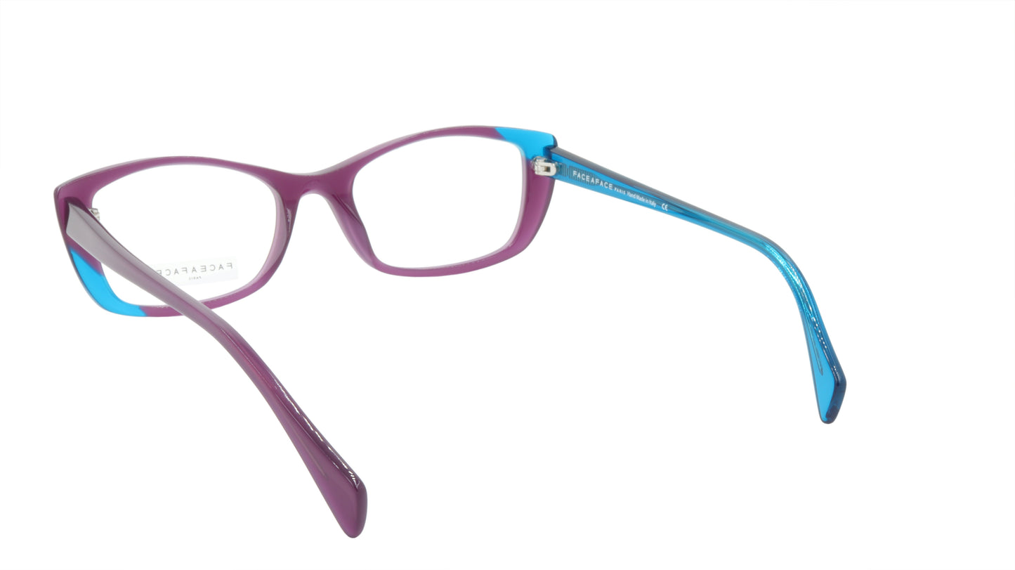 Face A Face Eyewear in Plum and Bright Blue in a Cool Cat Eye Shape