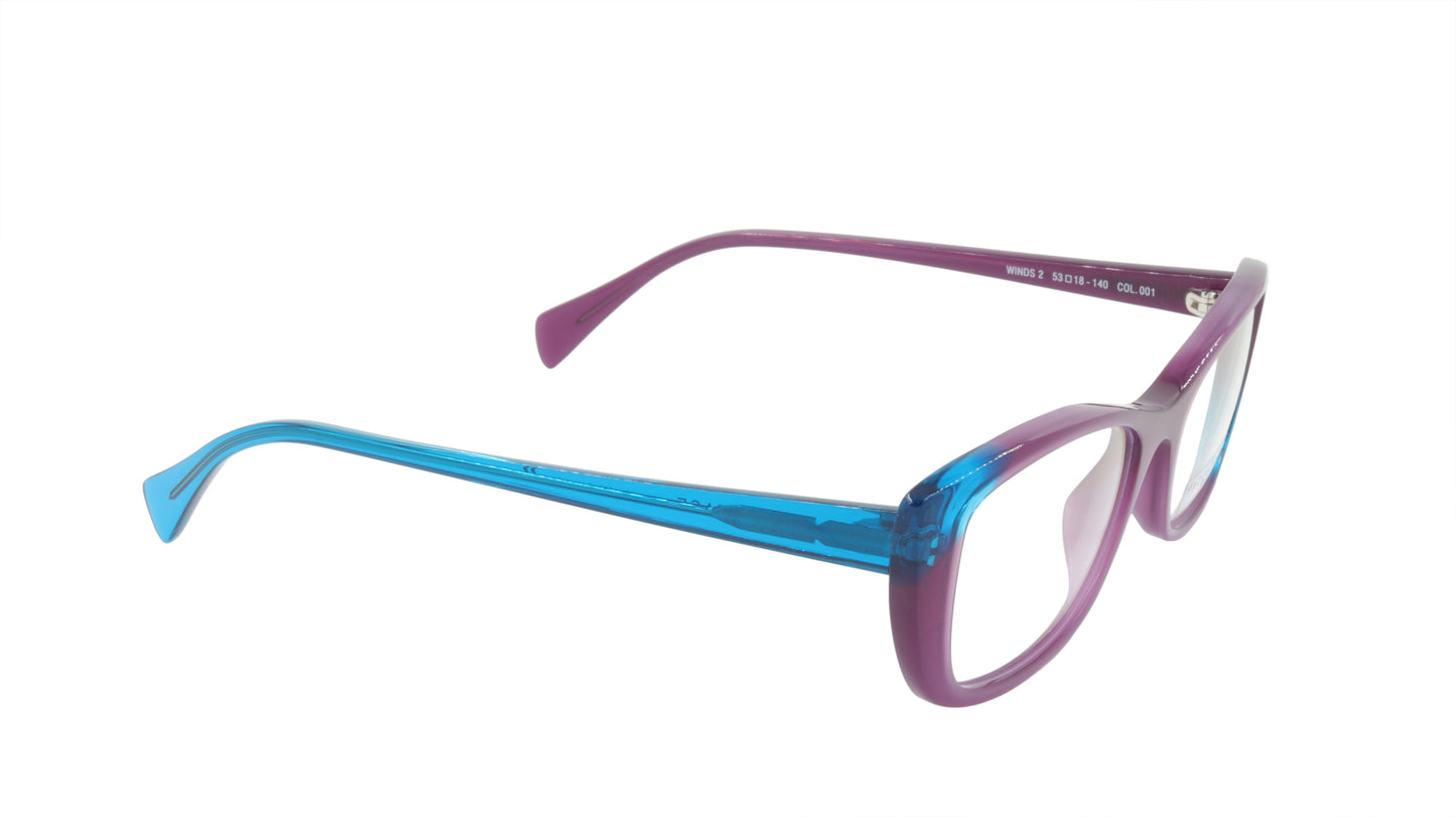 Face A Face Eyewear in Plum and Bright Blue in a Cool Cat Eye Shape