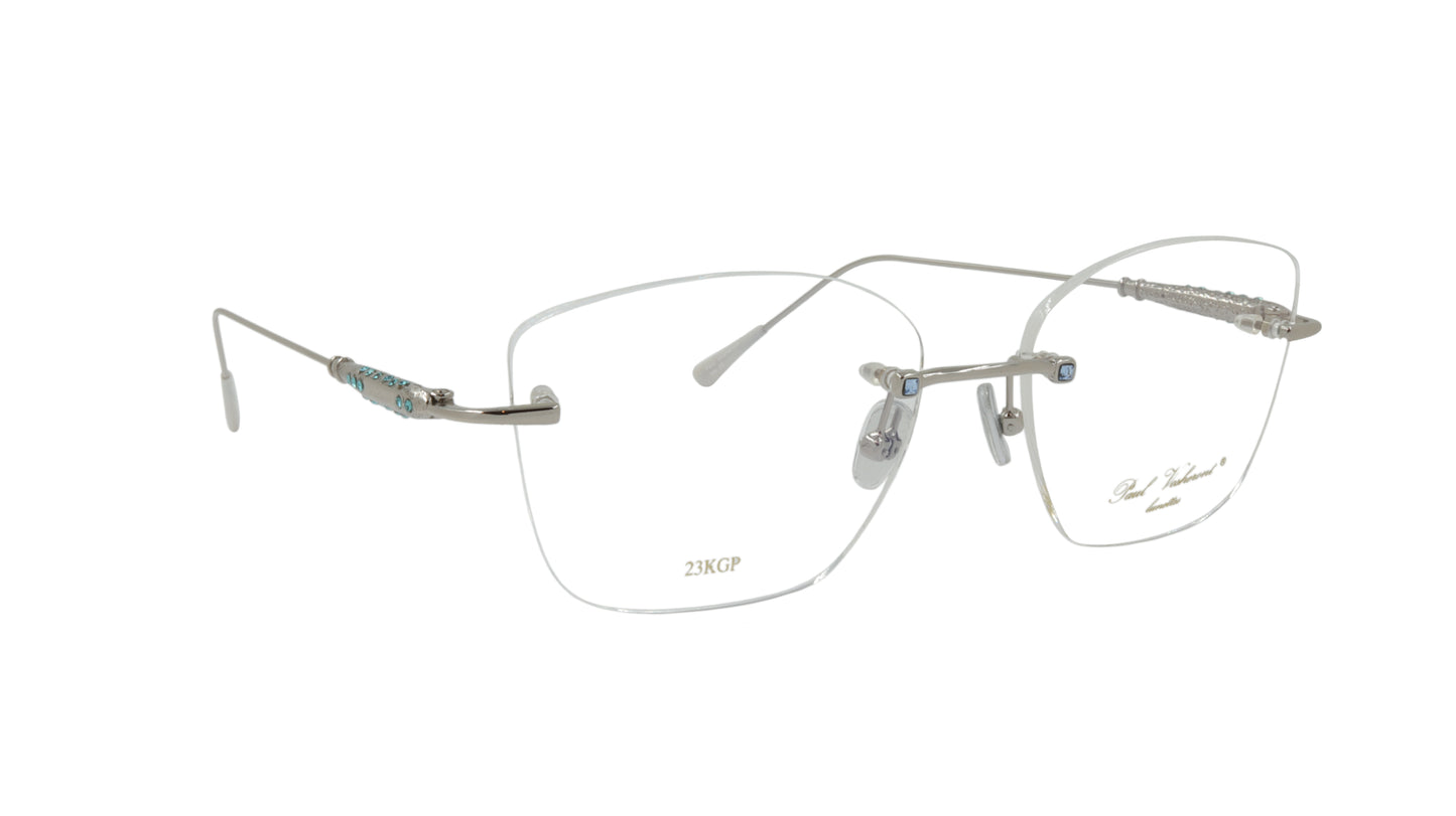 Paul Vosheront Soft Rectangle Silver Metal Optical Eyeframes with Blue Gems