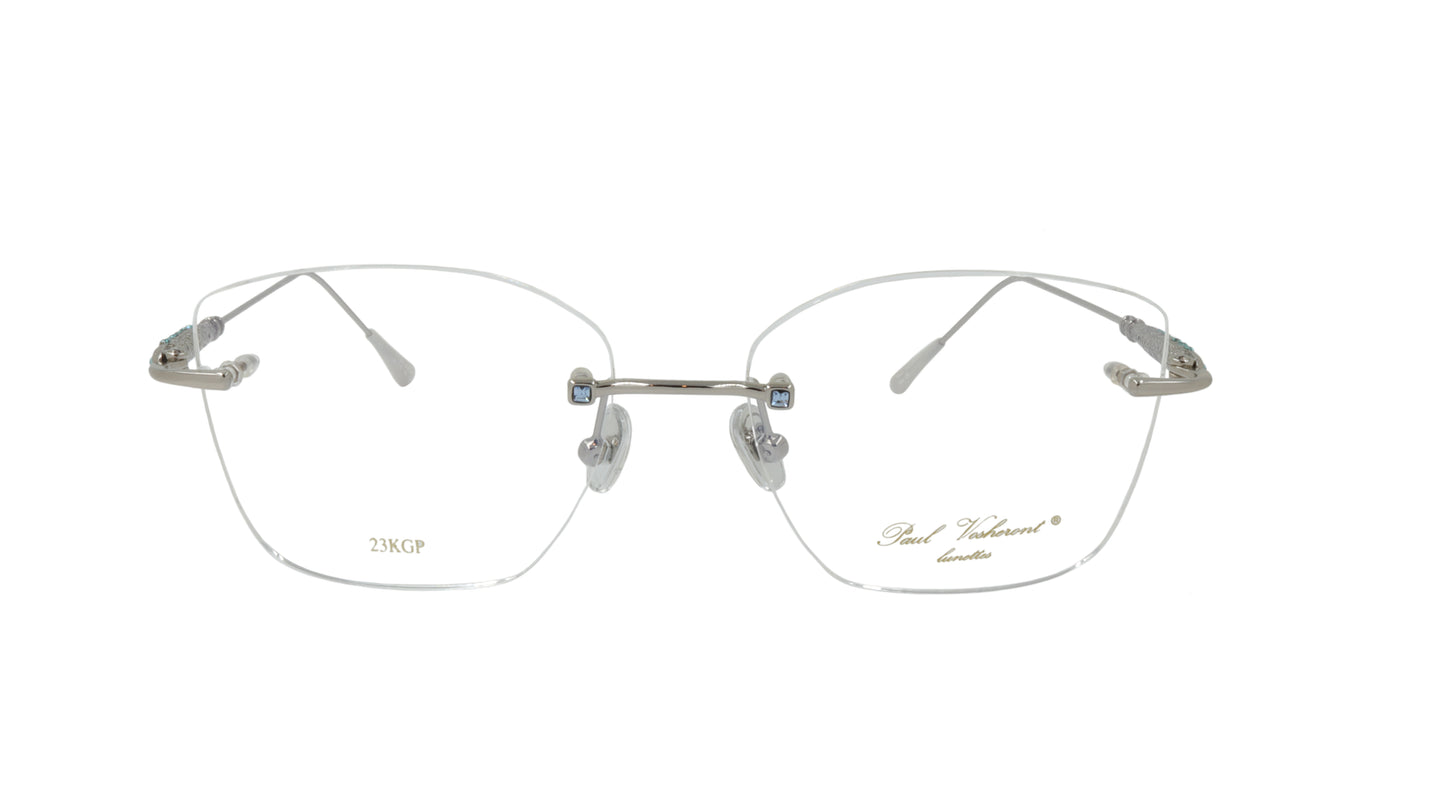 Paul Vosheront Soft Rectangle Silver Metal Optical Eyeframes with Blue Gems